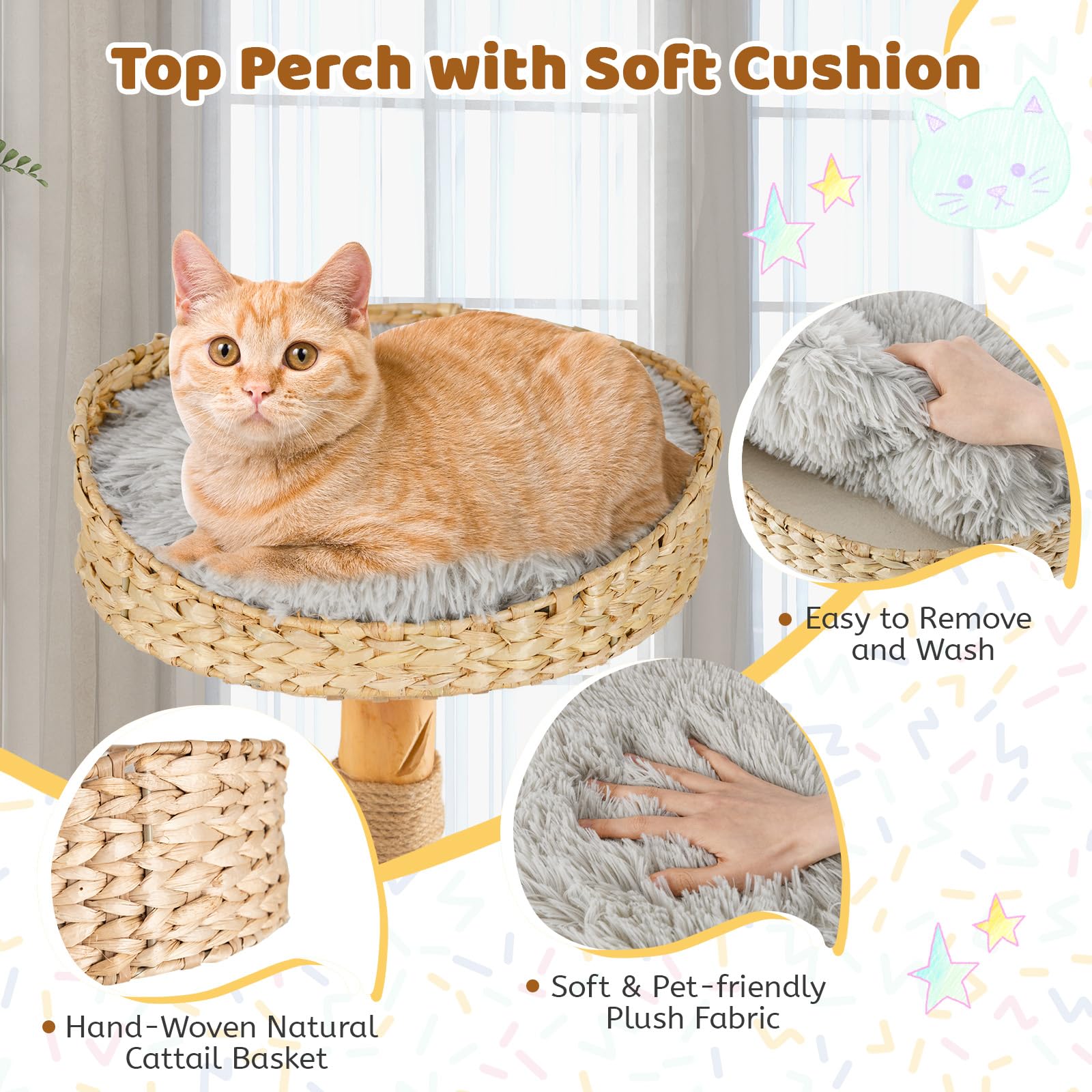 Tangkula Cat Tree Tower, Solid Wood Modern Cat Tower With Top Cattail Basket Bed, Side Perch, Large Platform & Cat Condo, Cute C